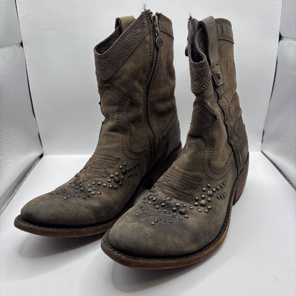 Liberty Black Ankle Boots Women 6.5 Brown Studded Distressed Leather Western